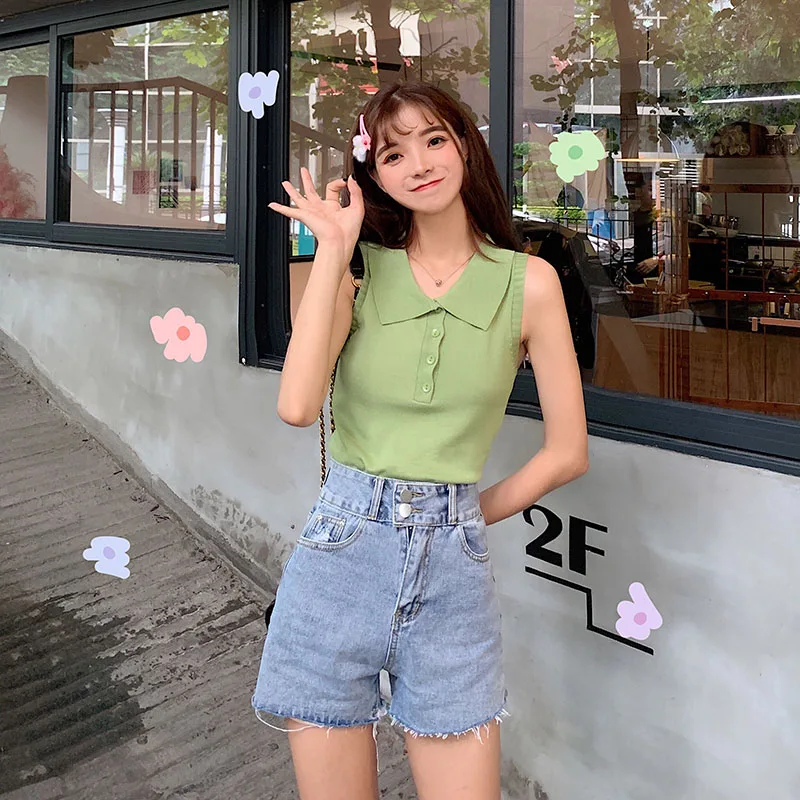 Ladies Female Women Sweet Candy Color Lapel Solid Color Joker Slim Knit Tank Top Breathable Knit Tops Shirt