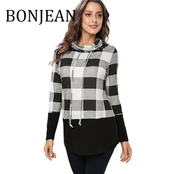 

BONJEAN Plaid Patchwork Sweatshirts for Women 2019 Autumn Black Tops and Pullovers Tie Collar Irregular Sweatshirts BJ1591
