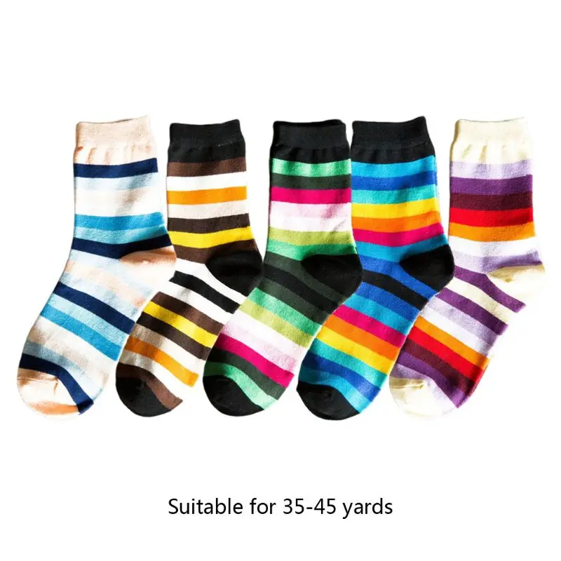 5 Pairs Women Rainbow Horizontal Stripes Cotton Crew Socks Colorblock Hosiery