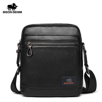 

BISON DENIM Genuine Leather Business Crossbody Bag iPad Mens Messenger Bag Classic Black Male Bag bolsas male N20027