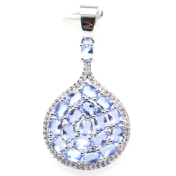 

40x21mm Classic Created Pink Kunzite Violet Tanzanite White CZ Woman's Wedding Silver Pendant