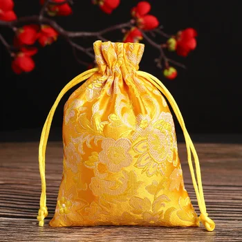 

50Pcs Handmade Embroidery Drawstring Packing Bag Gift Chinese Style Silk Brocade Jewelry Bag Trinket Yellow smile Storage Pouch