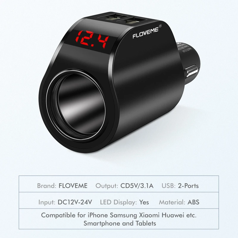 FLOVEME автомобильное зарядное устройство с двумя usb-портами, цифровой дисплей, слот для автомобильного прикуривателя, зарядное устройство 5 в 3,1 А, быстрое зарядное устройство для iPhone, адаптер huawei