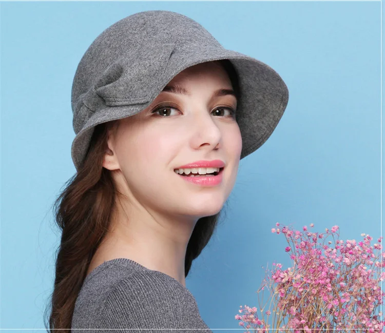 Бант шляпа-котелок из шерстяного войлока шляпы для женщин Chapeu Fedoras топ шапки женские PWSV003 - Цвет: grey