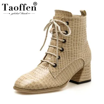 

Taoffen Women Round Toe Hoof Heels Ankle Boots Winter Cross Strap Fashion British Style Office Brand Luxury Boots Size 35-39