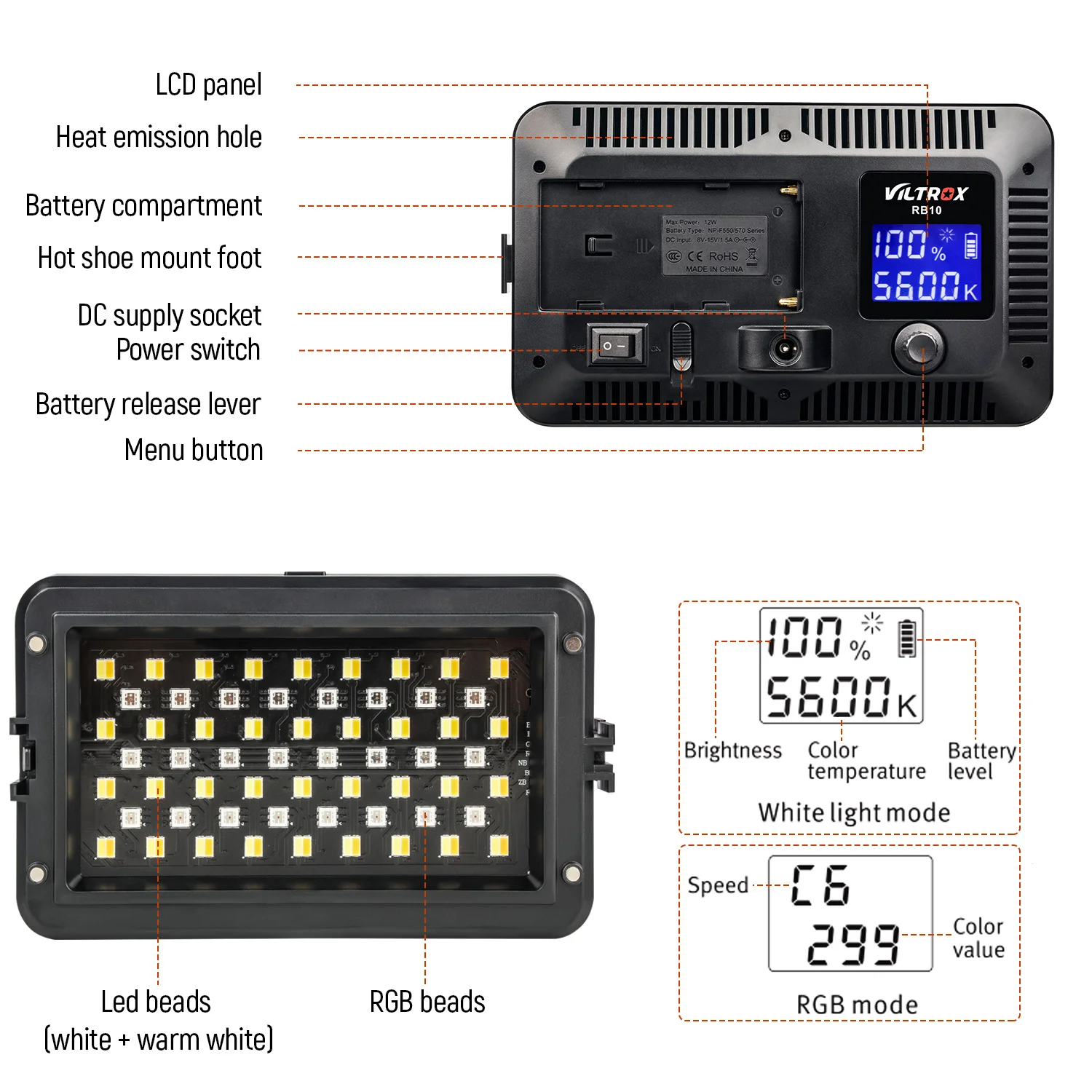  VILTROX RB10 RGB LED Video Light Full Color+Battery+Charger2500-8500KDimmable Atmosphere light for 