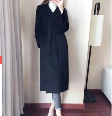 balck Sharezz шерстяное пальто женское кашемировое средней длины с поясом элегантная верхняя одежда осень зима женское Шерстяное отбеленная шерсть куртки для женщин - Цвет: balck