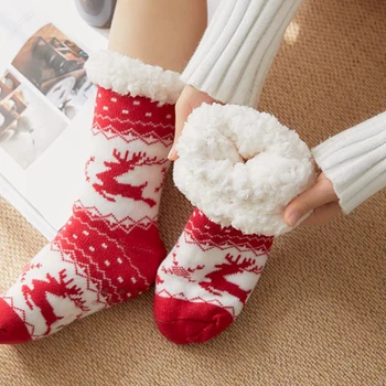 

Christmas socks female mid-tube floor socks adult plus velvet sleep socks super warm antifreeze cotton