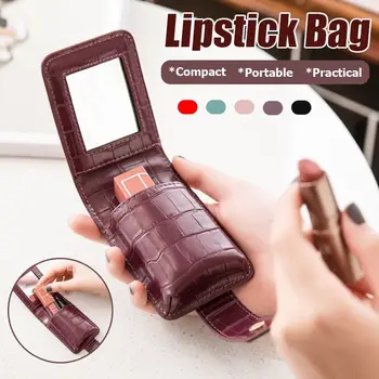 

Lipstick Cosmetic Bag With Mirror Makeup Bag Travel Pouch Organizer PU Leather Portable Beauty Case Toolbox Small Storage Cases