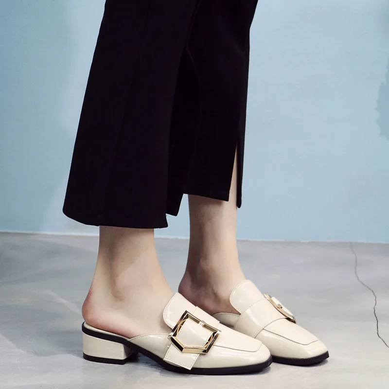 

2017 Summer New Style Patent Leather Closed-toe ban tuo xie Women's Chunky-Heel Semi-high Heeled Square Buckle Slippers