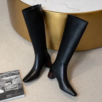 

Genuine Leather Thick high Heels Knee High Boots Shoes Woman Zipper square Toe Wedding Party Women's Boots