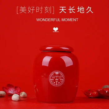 

Chinese happy wedding reception teapot top grade ceramic sealed red storage pot tea caddy food canister