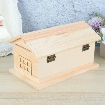

Multifunctional Pine Storage Box House-shaped Wooden Box Creative Piggy Bank Desktop Jewelry Box(Wood Color)