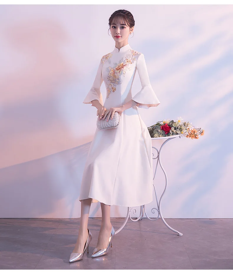 Элегантное однотонное платье с вышивкой, Qipao, классический воротник-стойка, свадебное платье подружки невесты, сексуальное атласное тонкое вечернее торжественное платье, 3XL