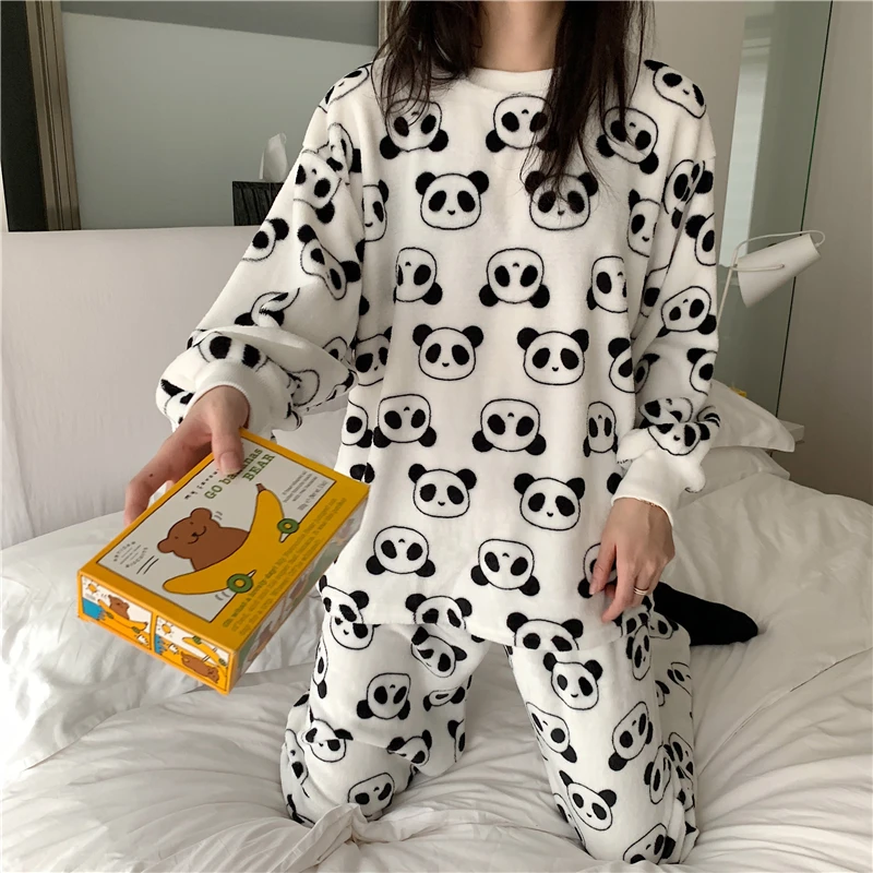 Mooirue зимние Пижамные комплекты Для женщин милые футболки с рисунком панды; теплое пальто Верхняя одежда для отдыха с круглым вырезом, одежда для сна, повседневная одежда, Домашняя одежда Пижама Femme