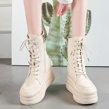 

punk shoes Women Wedge Platform Boots Winter Shoes Height Increase Martens Boots Metal Zipper Women Boots Black Beige 2020