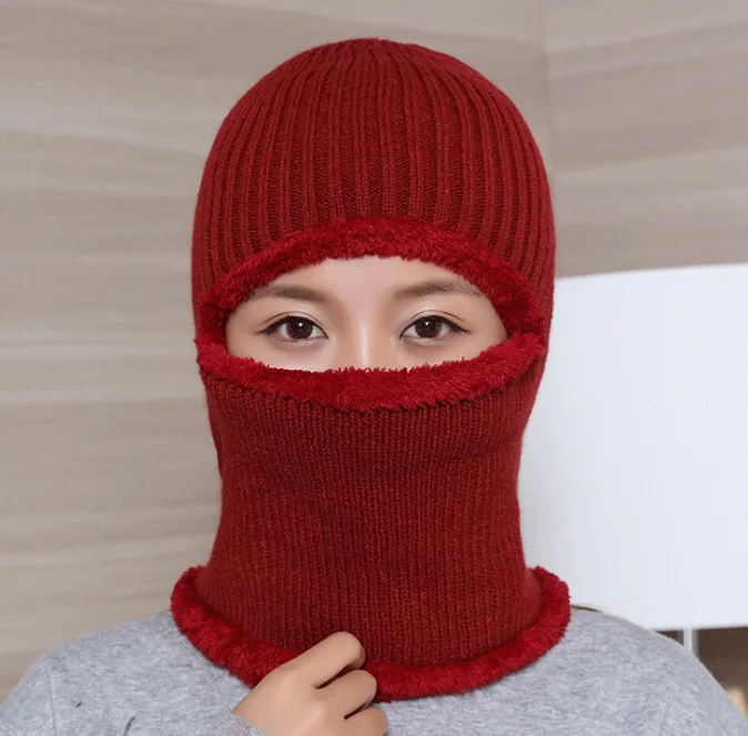 Autumn and Winter Knitted Wool Beanie Solid Masked Couple Hat Plus Velvet Thickening Unisex Earmuffs Scarf Hats Warm Winter Cap - Цвет: Wine Red