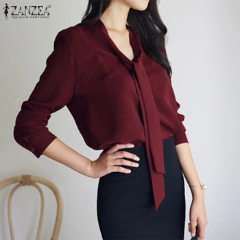 

ZANZEA Office Lady Work OL Shirts Women's Blouse 2020 Fashion Long Sleeve Strappy Tunic Blusas Casual Solid Chemise Plus Size 7