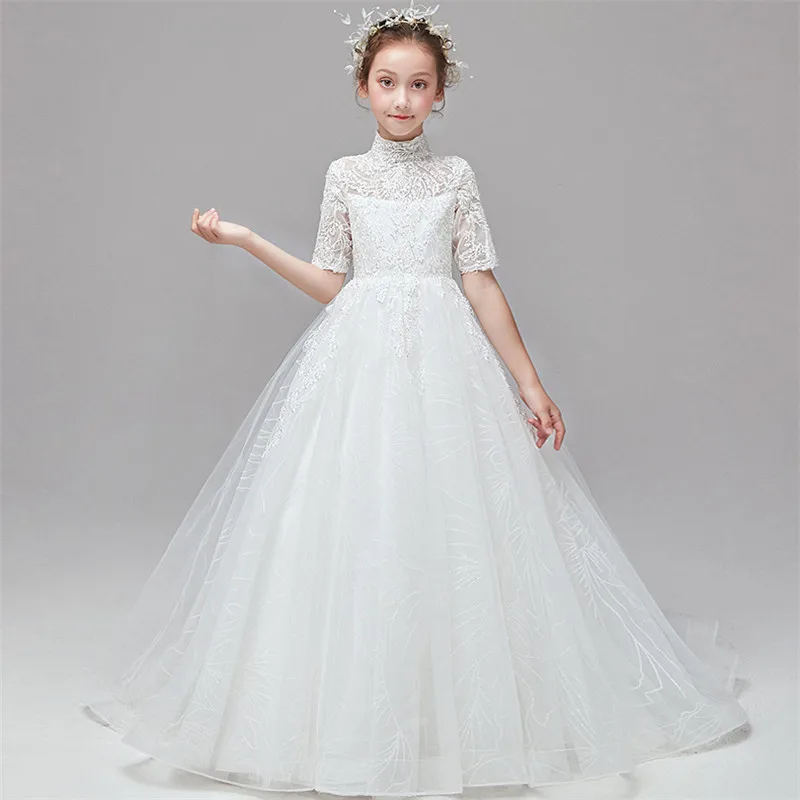 Роскошное кружевное однотонное белое платье принцессы с вышивкой и длинным шлейфом для девочек; вечернее платье для девочек