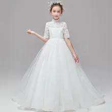 Роскошное кружевное однотонное белое платье принцессы с вышивкой и длинным шлейфом для девочек; вечернее платье для девочек