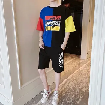 

2 piece set printed short-sleeve sweatshirt suit men loose Tops clothes sweatpants men's clothing preppy two pieces jogger sets