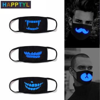 

HAPPTYL Luminous Cotton Unisex Anti-dust Black Mouth Mask Cover with Glowing Blue Vampire Teeth Print for Men Women Boys Girls