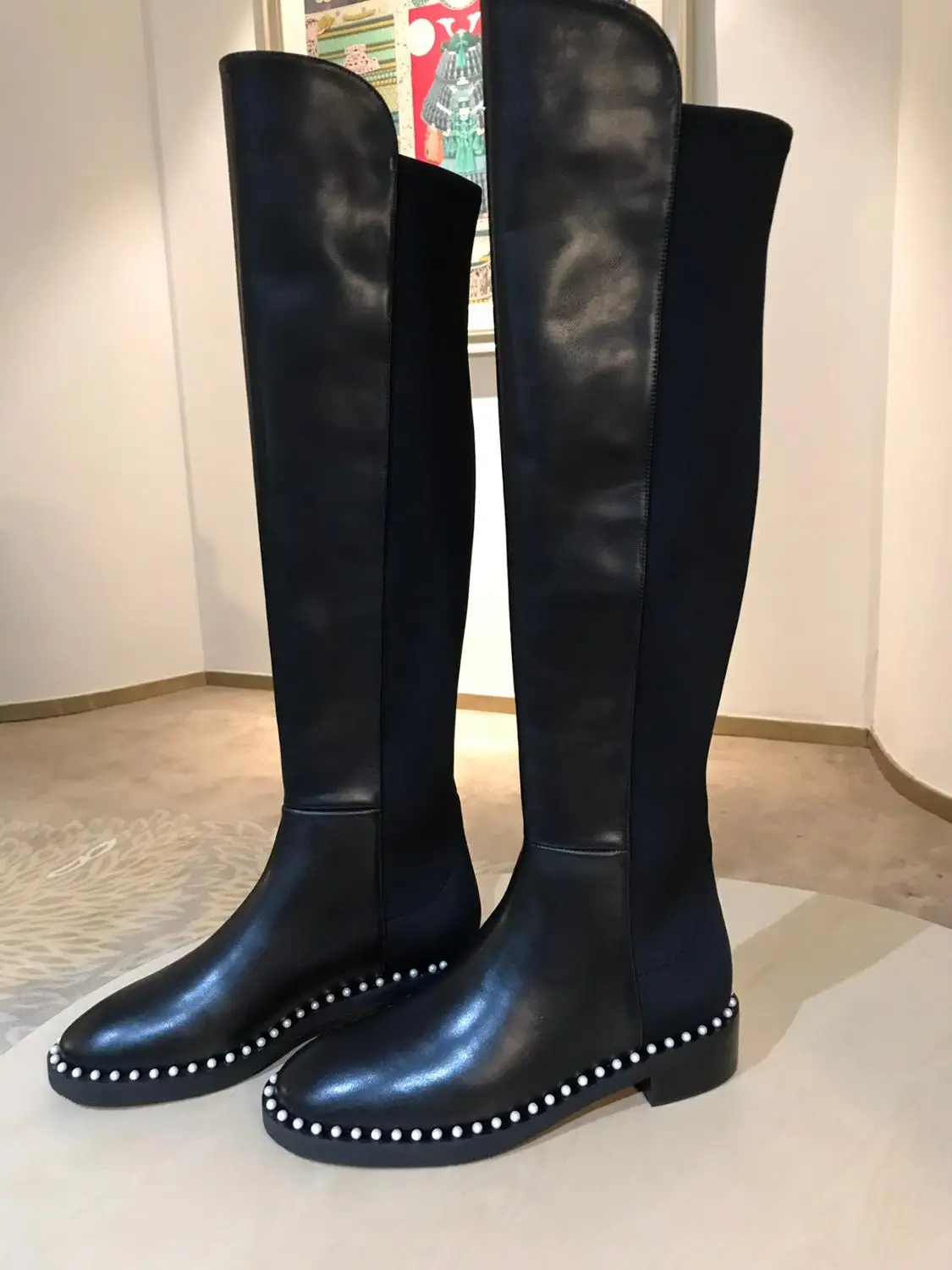 

Vibsterimma High Quality Black Leather And Suede Knee Pearl Boots Women Genuine Leather High Boots Female Flats Riding Boots