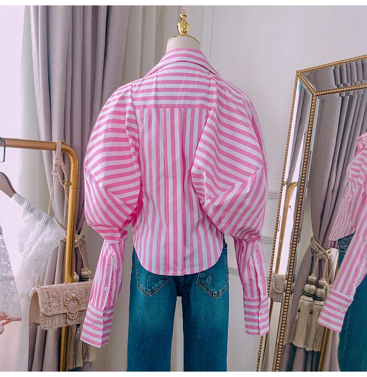 YEAR New Palace Puff Sleeves Women Blouse Striped Asymmetrical Casual Lady Shirt Clothes FOR Street