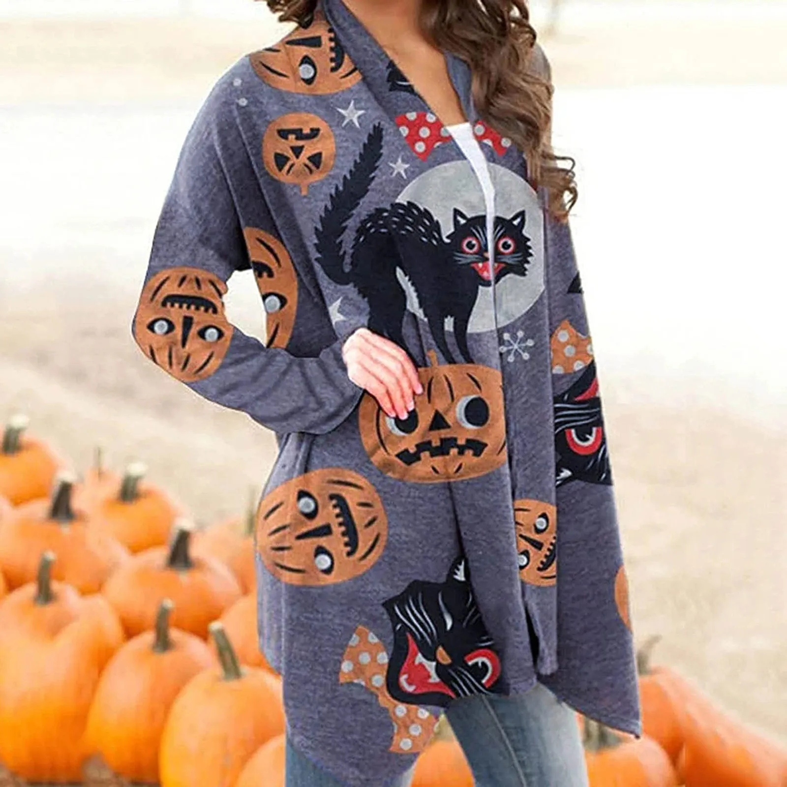 Women's Halloween Long Sleeve Cardigan Cardigan Spooky Pattern Top Coat New Women Autumn Fashion Basic Casual Open Stitch tops 1