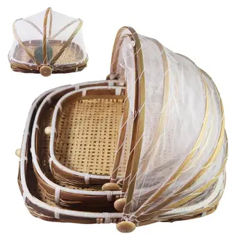 

Anti Bug Bamboo Tent Basket Hand Woven Tray Antiproof Food Fruit Container Net Mesh Cover Organization Home Kitchen Storage Tool