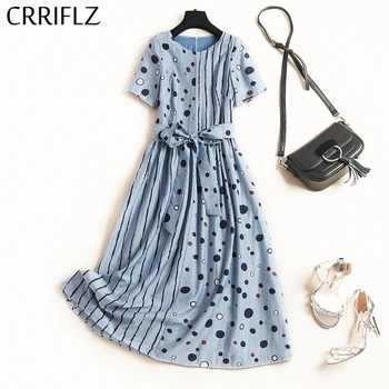 

Medium Long Dot Print Dress Women Short Sleeve O Neck Bandage Stripe New Summer Casual Women Dress Office Lady CRRIFLZ