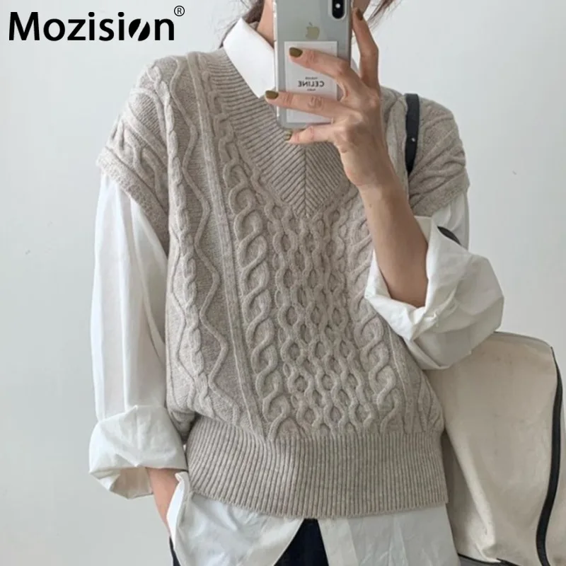

Mozision V Neck Sleeveless Knitted Vest Women's Solid Loose Pullovers Female 2020 Winter New Casual Korean Knitwear Sweater
