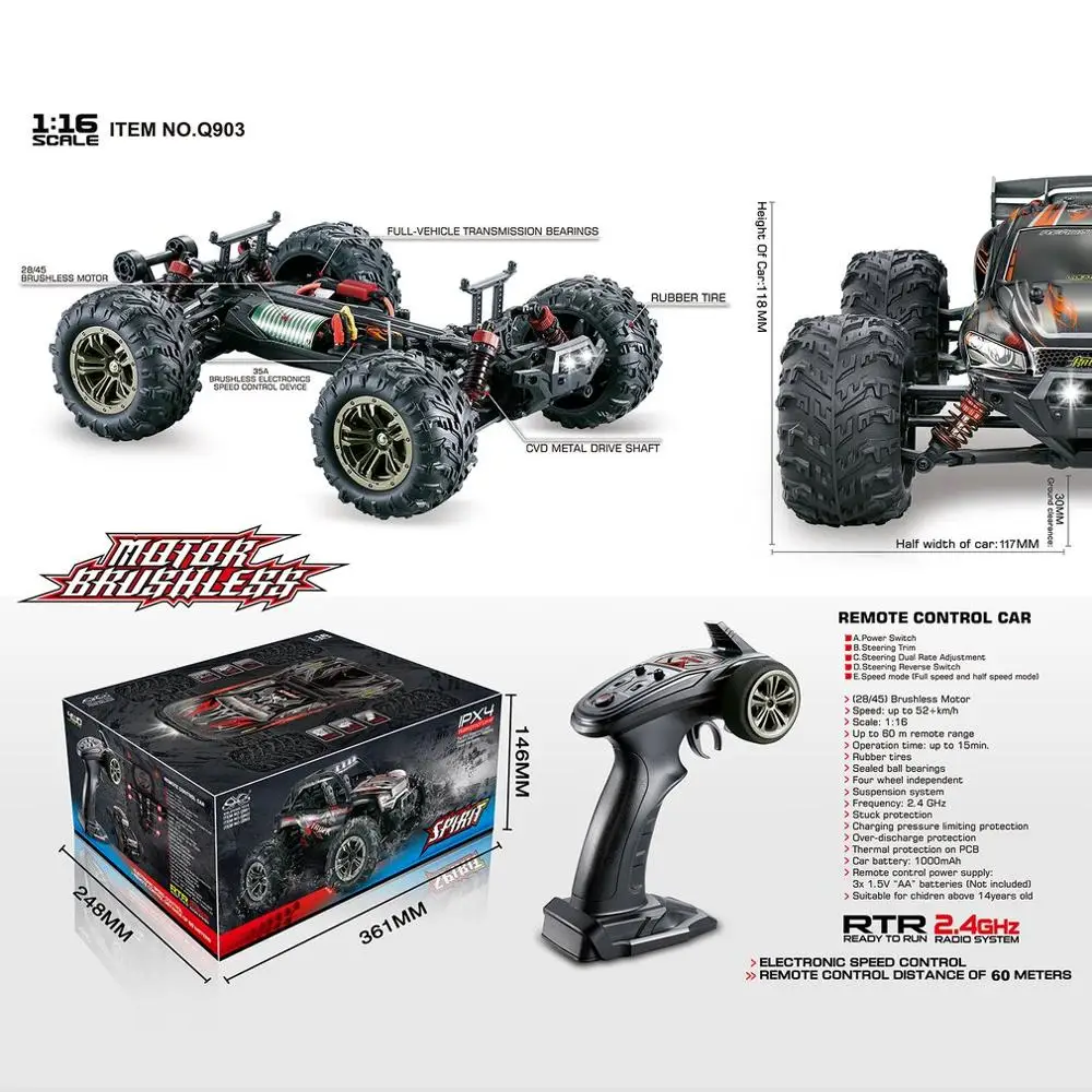Q903 1:16 RC автомобиль 4WD двигатели Вождение пустыня грузовик бесщеточный привод Bigfoot пульт дистанционного управления модель автомобиля внедорожник игрушка