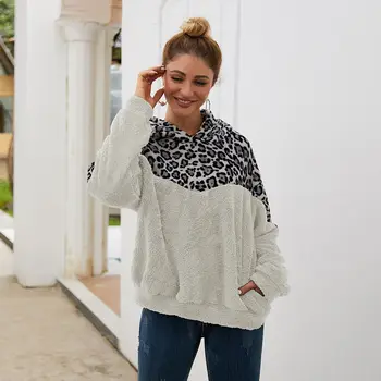 

2020 Women Teddy Fluffy Fuzzy Sweater Leopard Patchwork Hooded Fleece Pullover Female Casual Winter Sherpa Sweaters