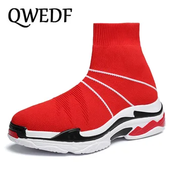

QWEDF Men Casual Shoes Colorful Slip On High Top Sock Shoes Lightweight Unisex Height Increase Sneakers Sapato Masculino GF-98