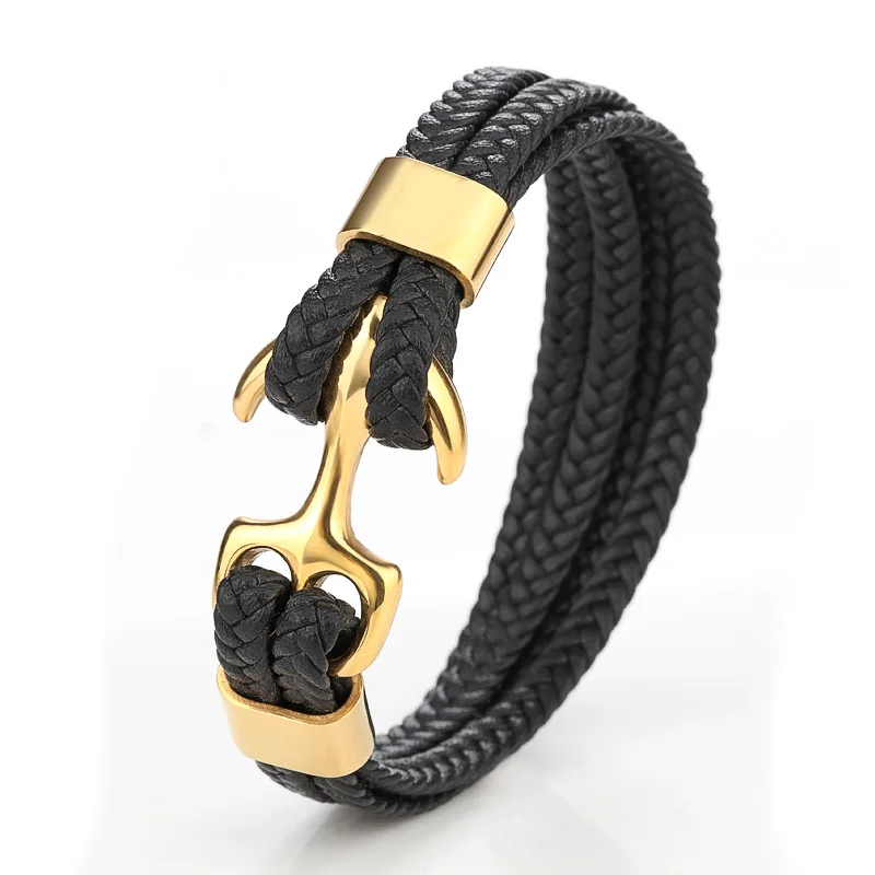 European And American Men's Titanium Steel Bracelet Black Leather Woven Anchor Stainless Steel Bracelet Leather Rope - Image 2
