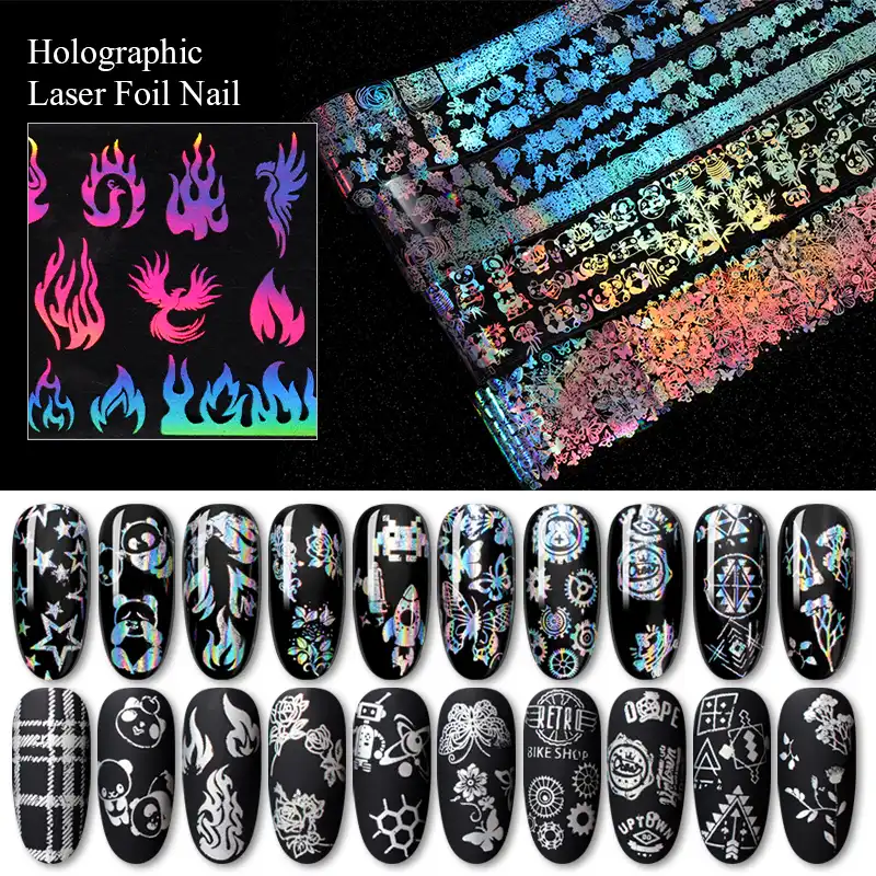 ネイルホイルステッカーネイルアート水転写デカールホログラフィック炎タンポポパンダ竹箔ネイルアート転送ステッカー ステッカー スキン Aliexpress