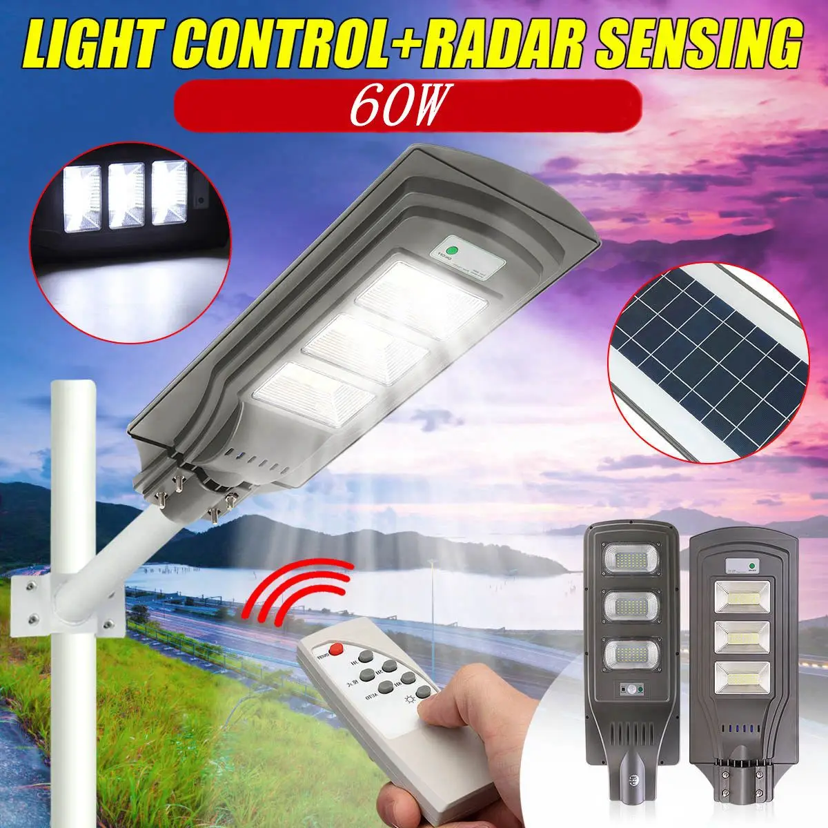 

60W Remote Control LED Solar Street Light Outdoor Garden Wall Light Sensor Lamp Waterproof Security Lamp for Garden Yard