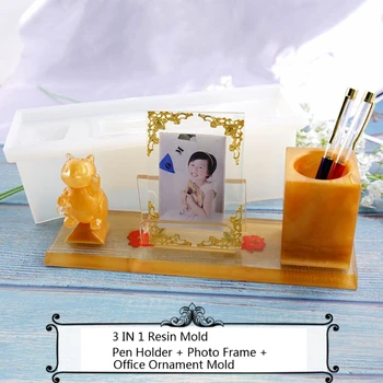 

3 in 1 Multifunctional Pen Holder Photo Frame Resin Molds Picture Frame Pen Pencil Cup Holder Home Office Ornaments Mold