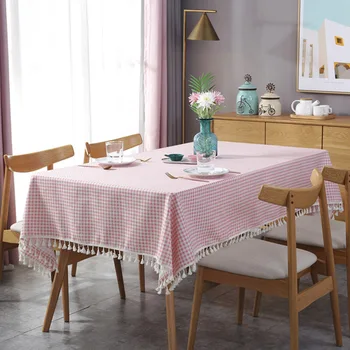 

Tablecloth Home Living Room Pink Checkered Tassel Tablecloth Japan Korean Linen Decor Tablecloth 140*140cm Kitchen Table 2020