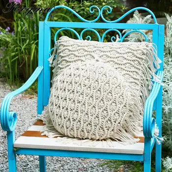

REGINA Bohemian Hand Knit Cushion Pure Color Nordic Linen Striped Tassel Decor Seat/Back Cushion Cute Throw Pillow Nap Headrest