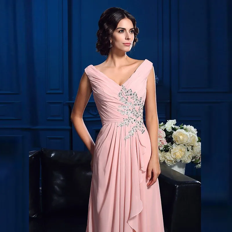 Elegantní růžová matka z  nevěsta šaty a-line bez rukávů v-neck složence šifon korálkování svatební matka soumrak ples večírek gowns