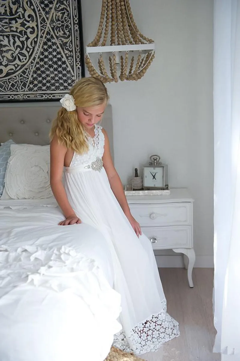 630Boho Flower Girl Dress For Wedding Beach V Neck A Line Lace and Chiffon Kids White Wedding Dresses Custom Made (3)