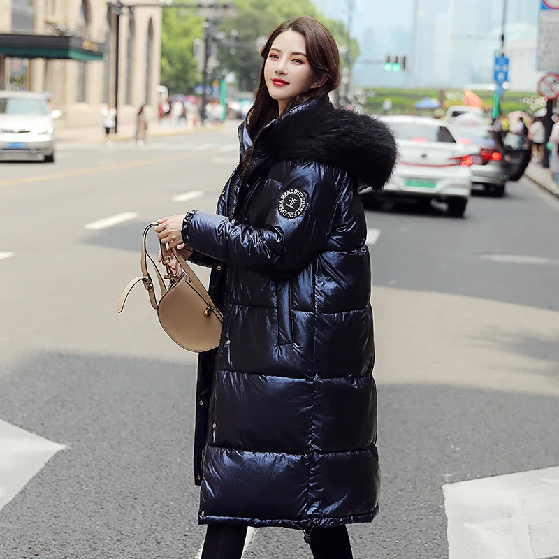 

Ozhouzhan down Jacket Women's Mid-length over-the-Knee Hooded 2019 Winter New Style Bright Surface Thick Oversized Fur Collar of