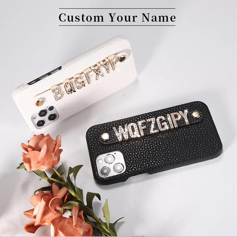 

Custom Name Pebble Leather Cowhide Phone Case For iPhone 15 14ProMax 14Plus 13Promax 13 12 11 Diamond Metal Letters Cover Coque