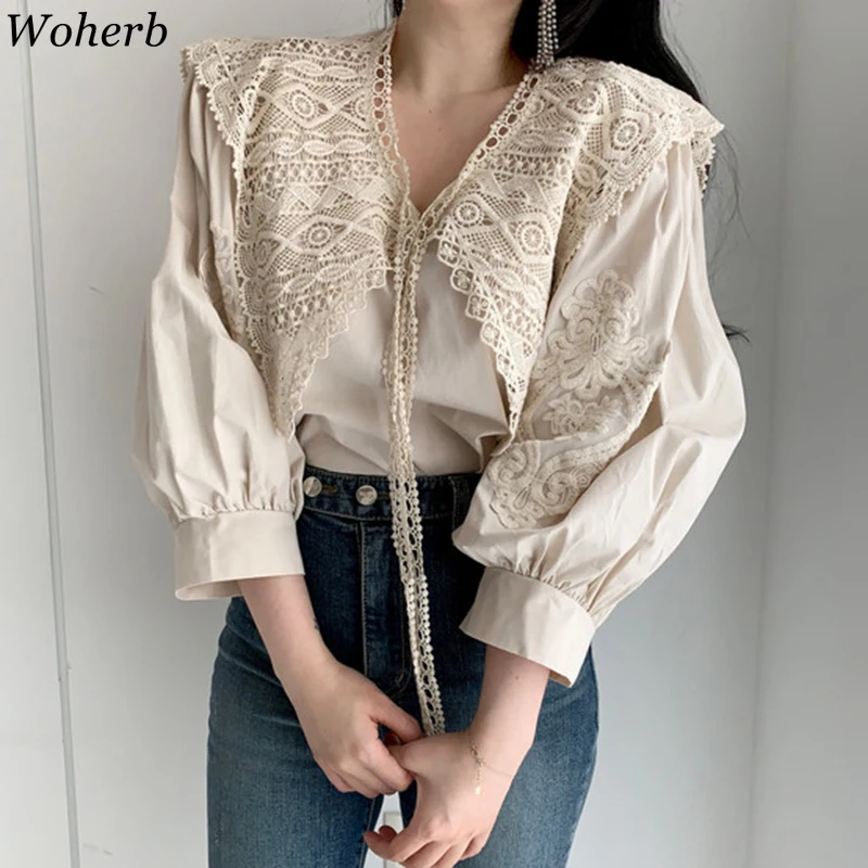 

Woherb Lace Patchwork Long Puff Sleeve Shirts Women Lace Up Vintage Fashion Blouse Tops Temperament Korean Blusas Mujer 91667