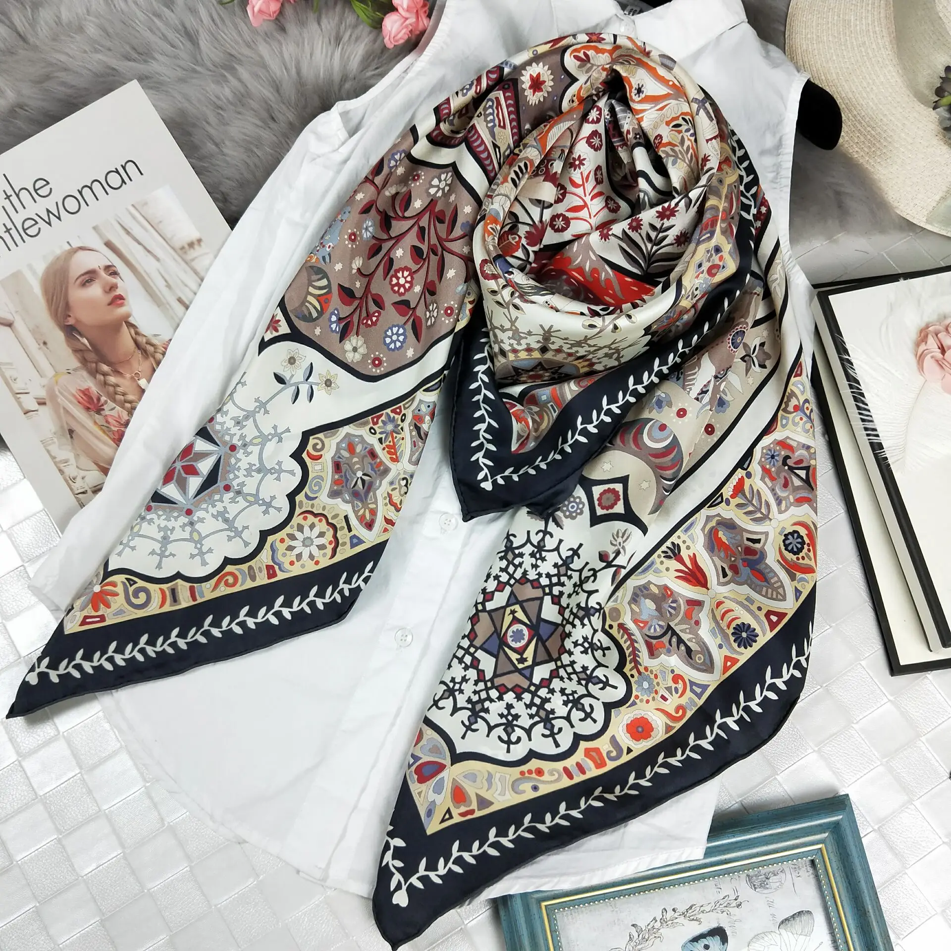 Натуральный шелковый саржевый шарф, модные женские шарфы, шаль, накидка, таинственный дворцовый узор 140 см