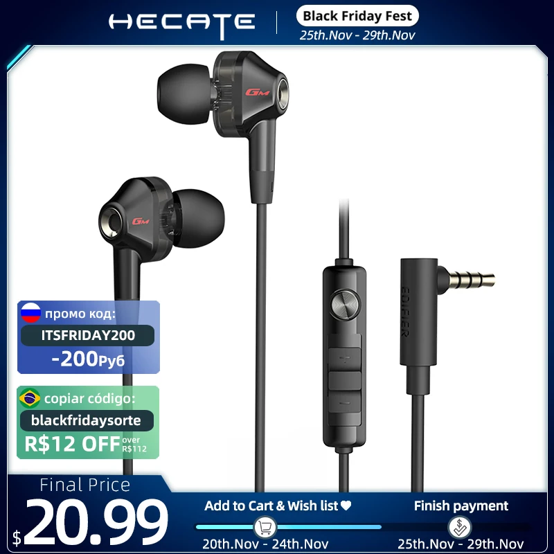 HECATE GM2SE Earphones Gaming Headphones 3.5mm Wired Control Dual Dynamic 4 Driver Units with Noise Reduction Microphone | Электроника