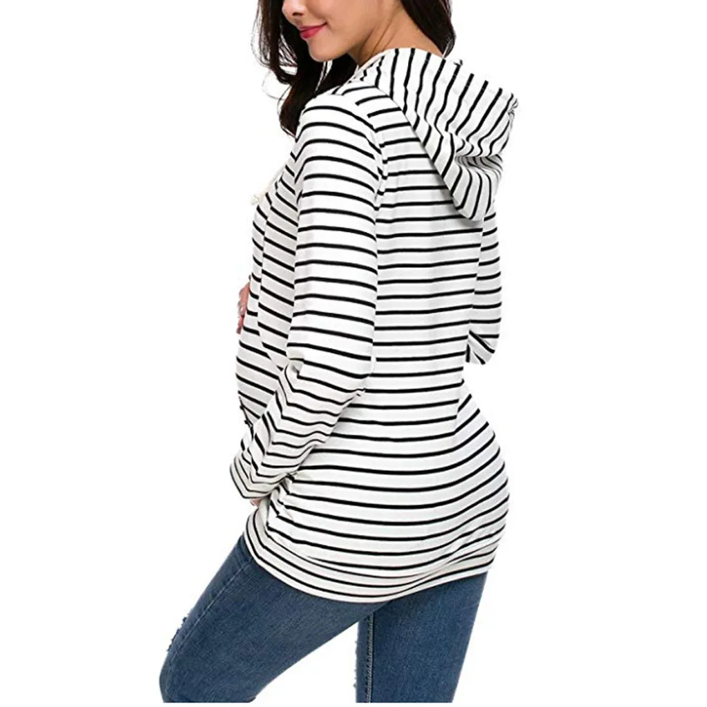 ENXI Stripe Pregnancy Shirt Breastfeeding Clothes Autumn Long Sleeve Maternity Clothes Mom Fashion Nursing Top