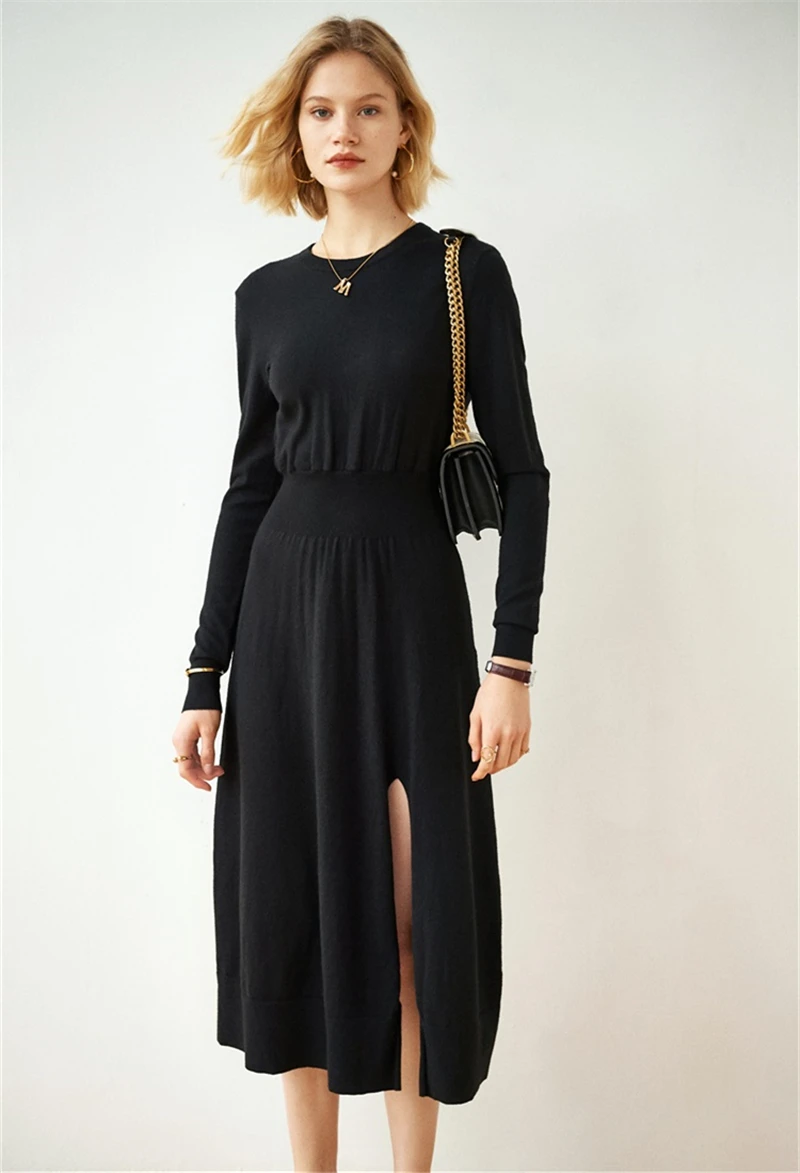 Tunjuefs крест o-образным вырезом без спинки вязаное платье для женщин Vestido элегантный длинный рукав Rove Femme Подиум черные свитеры Комбинезоны повседневные